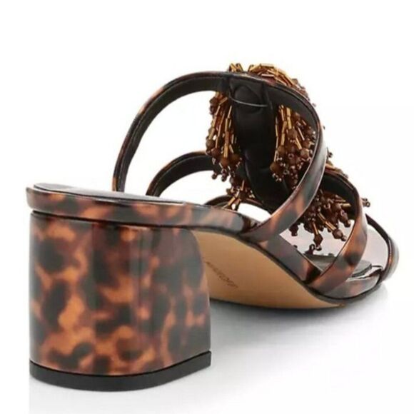 REBECCA MINKOFF 7 37.5 Raygan Seed Bead Fringe Tortoise Print Heeled Mule Sandal - Picture 3 of 14